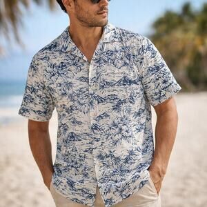 GAP Men’s Large Tropical Print Button Down Shirt Blue White Cotton